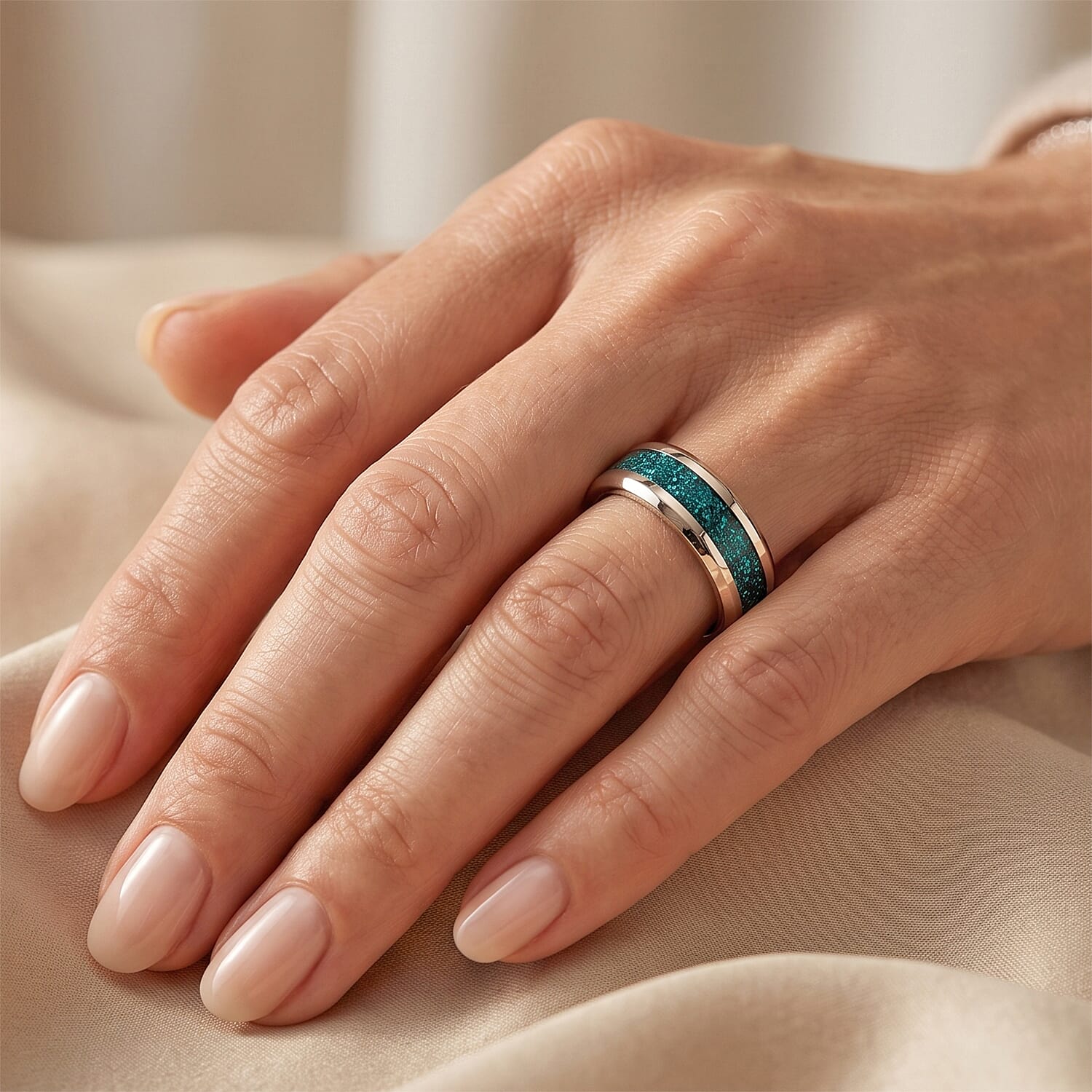 Green Enameled Ring in Stainless Steel (Size 6.0)