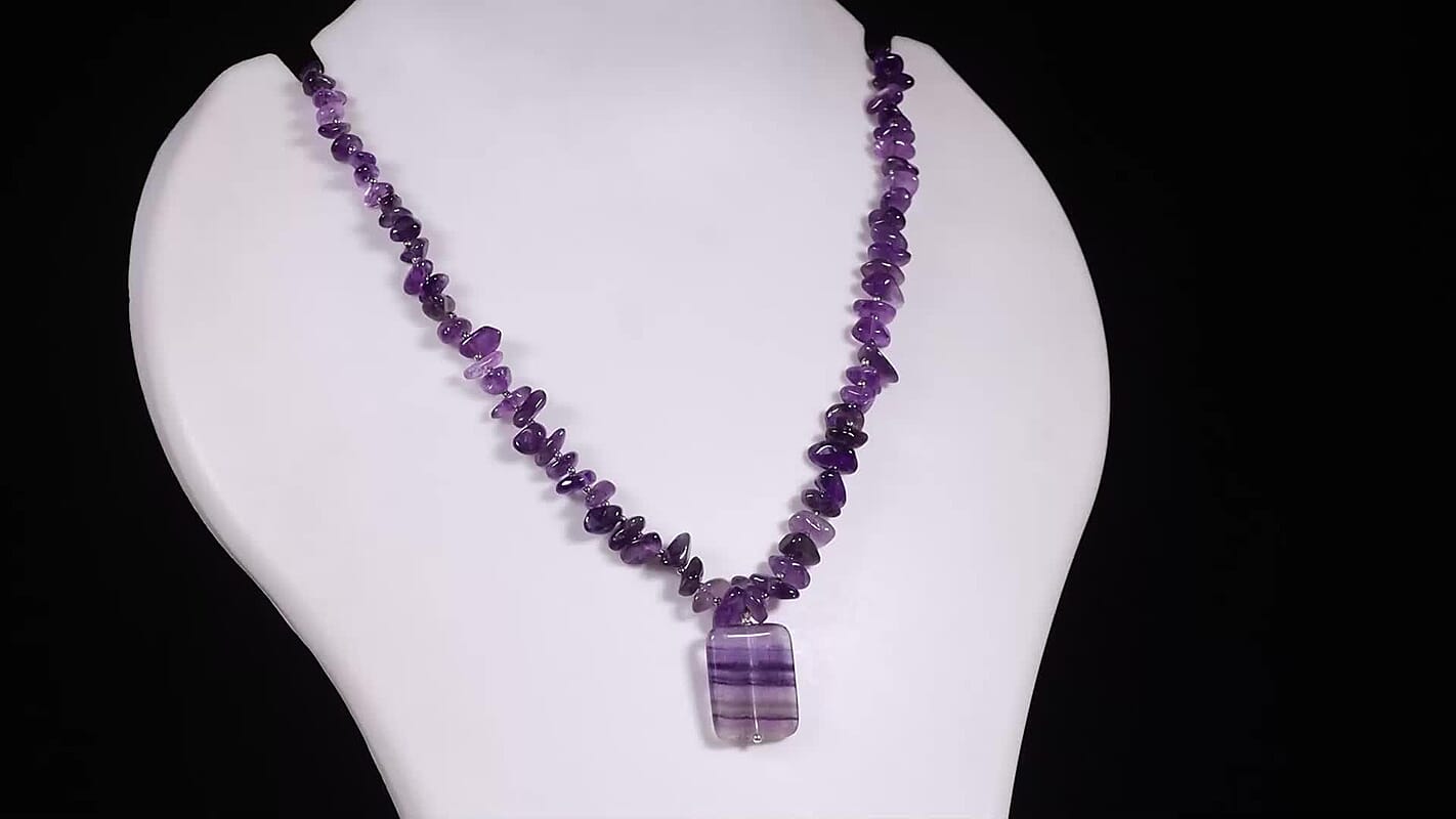 Fluorite and African Amethyst 159.00 ctw Necklace (18 Inches) in Silvertone and Stainless Steel