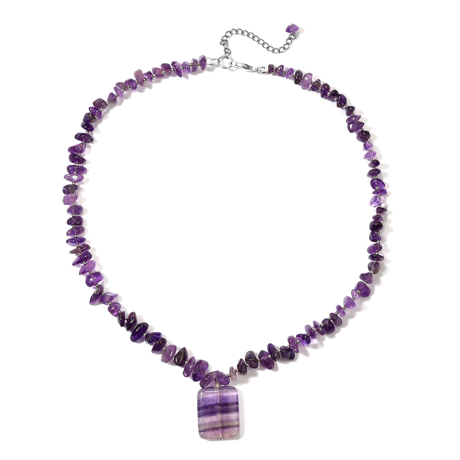 Fluorite and African Amethyst 159.00 ctw Necklace (18 Inches) in Silvertone and Stainless Steel