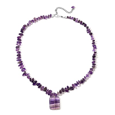 Fluorite and African Amethyst 159.00 ctw Necklace (18 Inches) in Silvertone and Stainless Steel