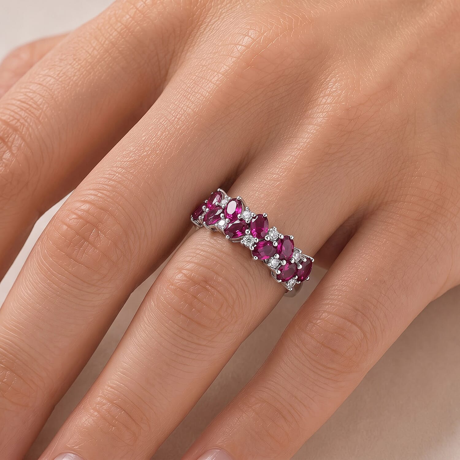D'Joy Premium Radiant Ember Garnet and White Zircon 2.35 ctw Half Eternity Band Ring in Rhodium Over Sterling Silver (Size 5.0)