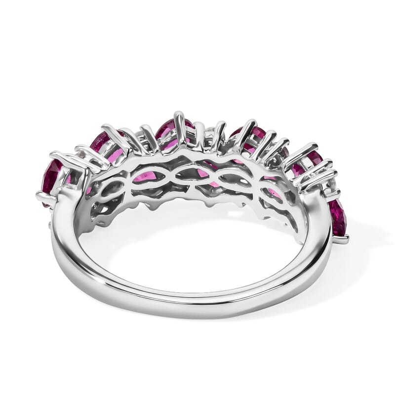 D'Joy Premium Radiant Ember Garnet and White Zircon 2.35 ctw Half Eternity Band Ring in Rhodium Over Sterling Silver (Size 5.0)