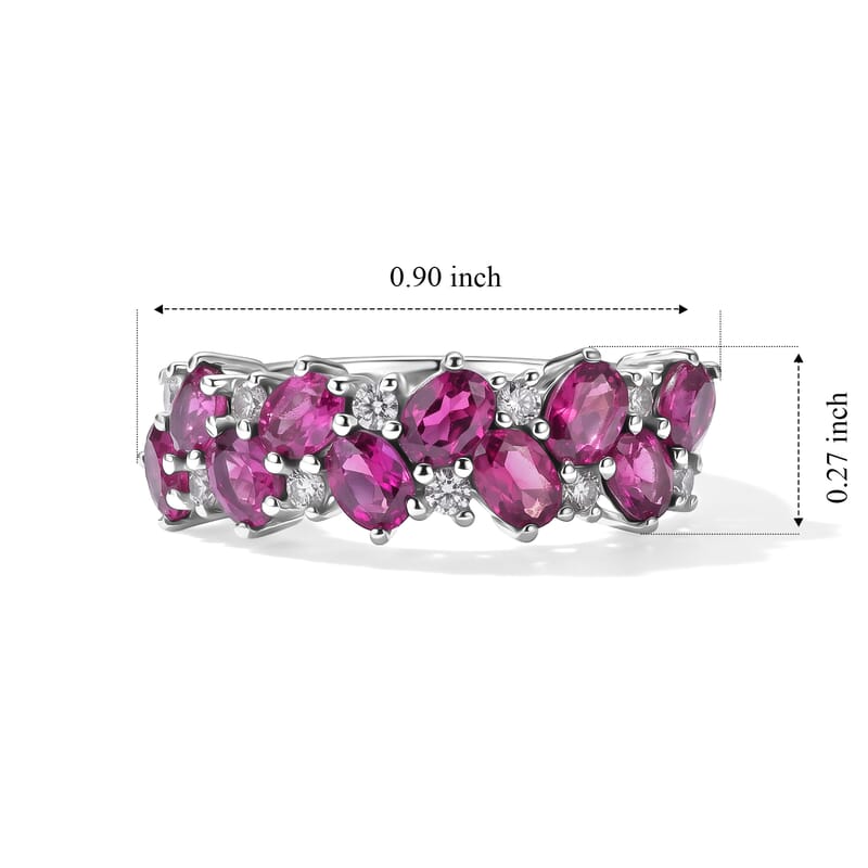 D'Joy Premium Radiant Ember Garnet and White Zircon 2.35 ctw Half Eternity Band Ring in Rhodium Over Sterling Silver (Size 5.0)