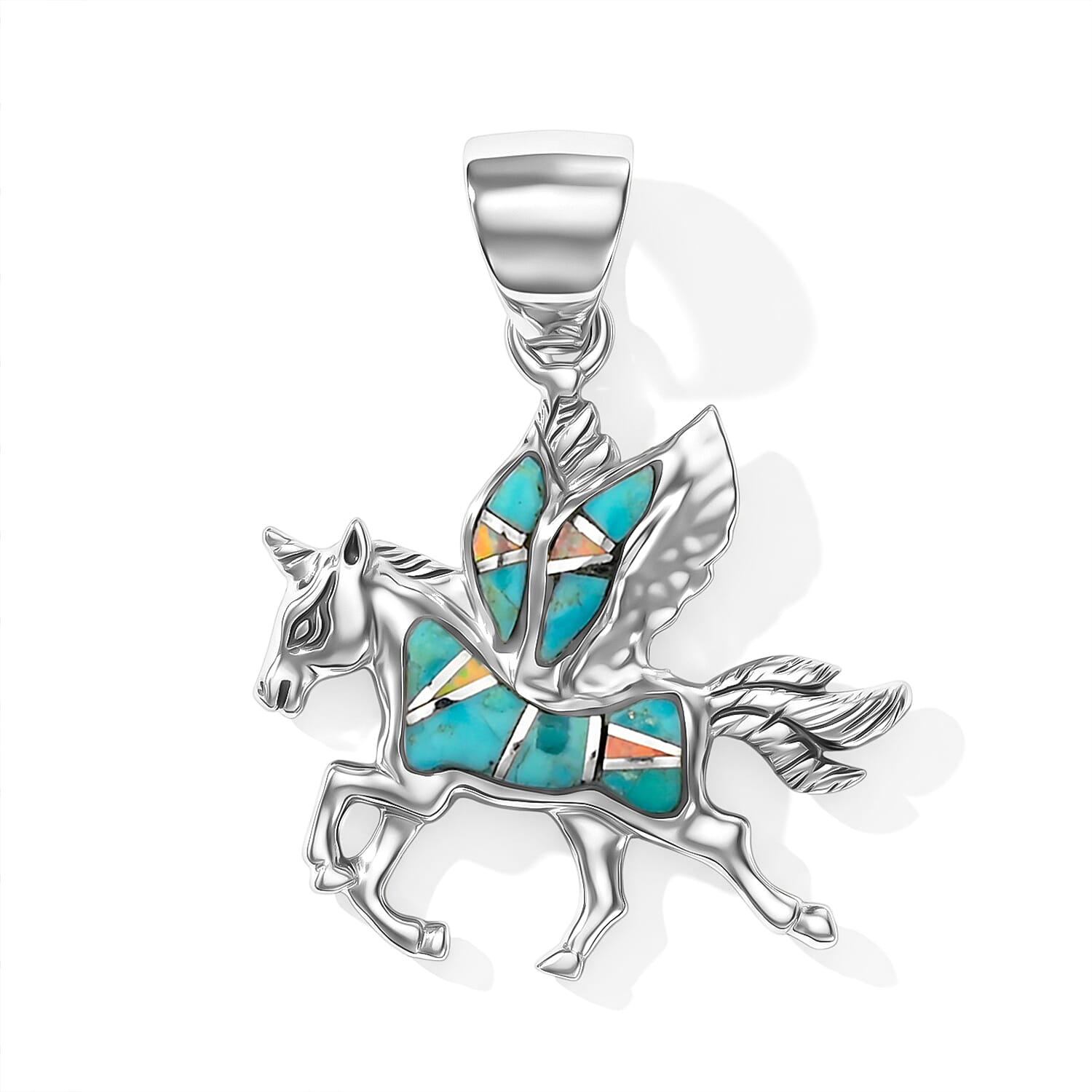 Santa Fe Style Kingman Turquoise and Lab Created Fire Opal 0.50 ctw Pegasus Pendant Without Chain in Sterling Silver