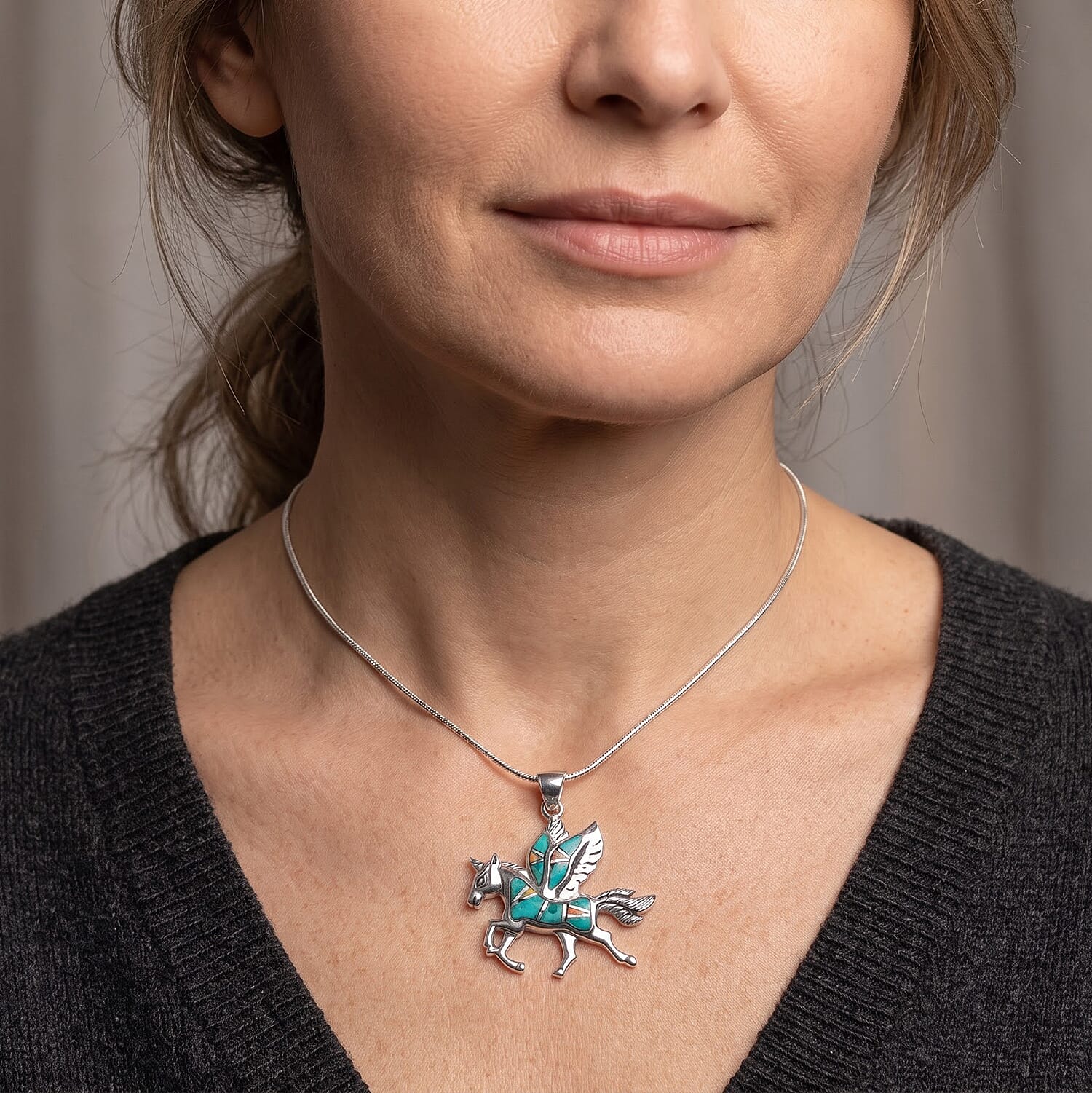 Santa Fe Style Kingman Turquoise and Lab Created Fire Opal 0.50 ctw Pegasus Pendant Without Chain in Sterling Silver