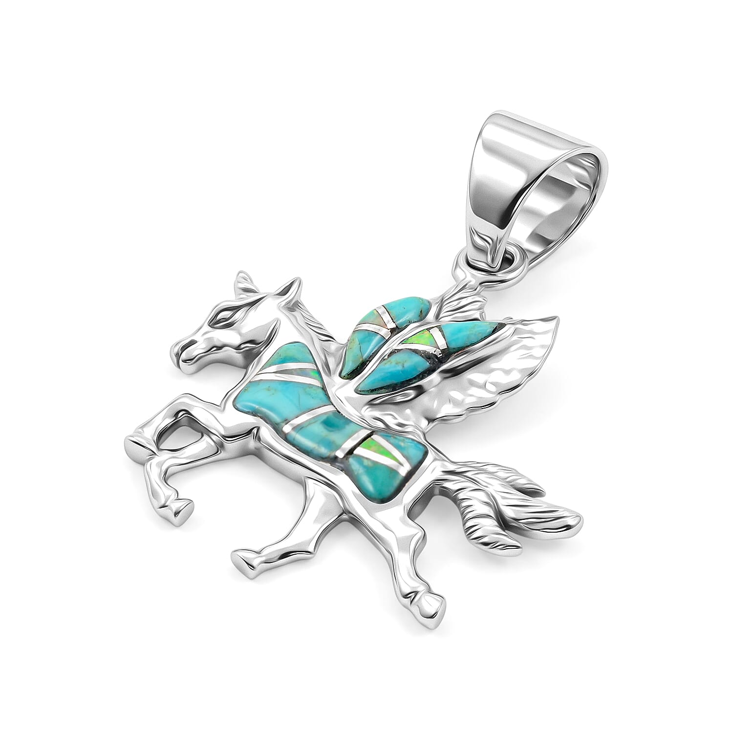 Santa Fe Style Kingman Turquoise and Lab Created Fire Opal 0.50 ctw Pegasus Pendant Without Chain in Sterling Silver