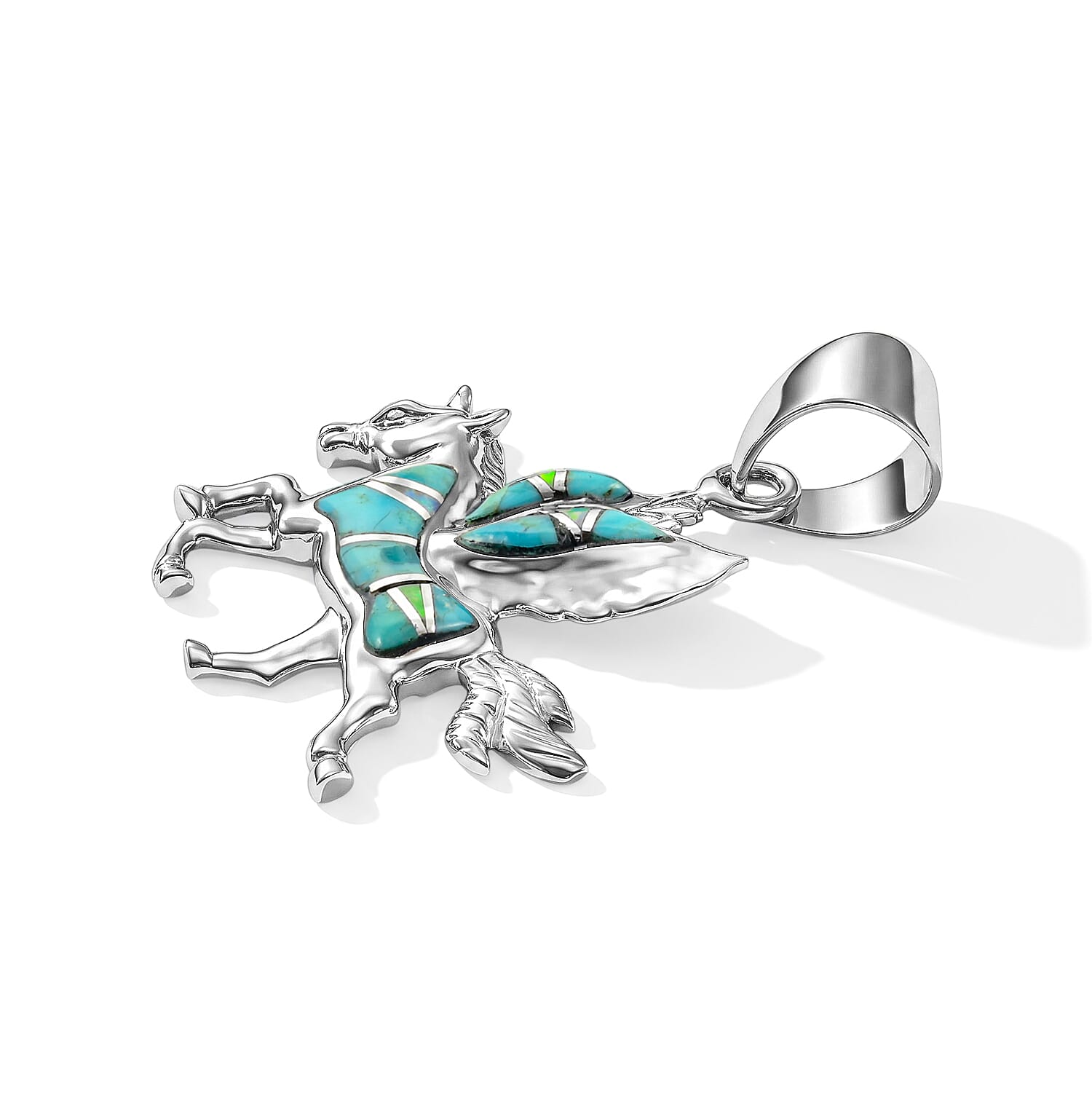 Santa Fe Style Kingman Turquoise and Lab Created Fire Opal 0.50 ctw Pegasus Pendant Without Chain in Sterling Silver