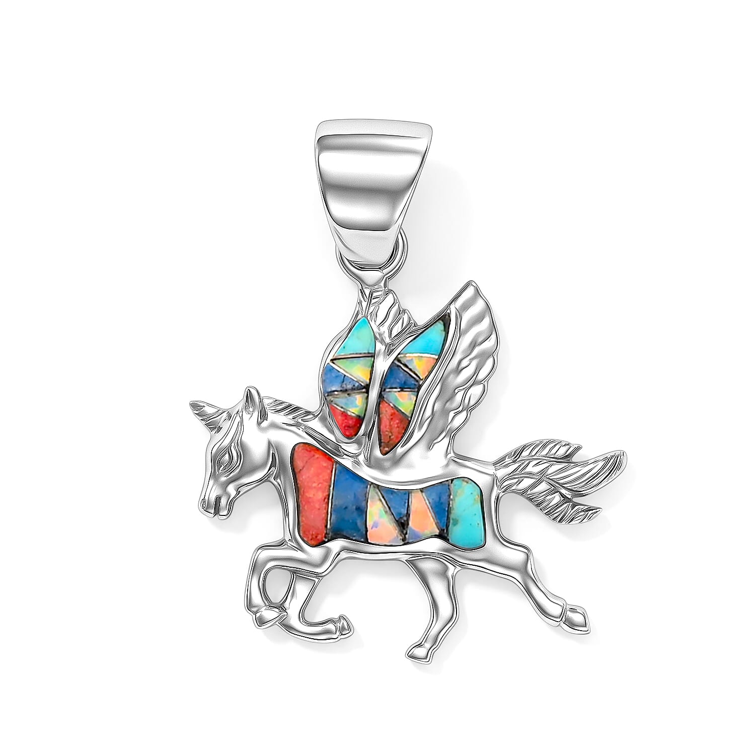 Santa Fe Style Multi Gemstone Pegasus 0.50 ctw Pendant Without Chain in Sterling Silver