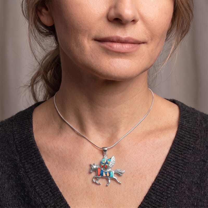 Santa Fe Style Multi Gemstone Pegasus 0.50 ctw Pendant Without Chain in Sterling Silver
