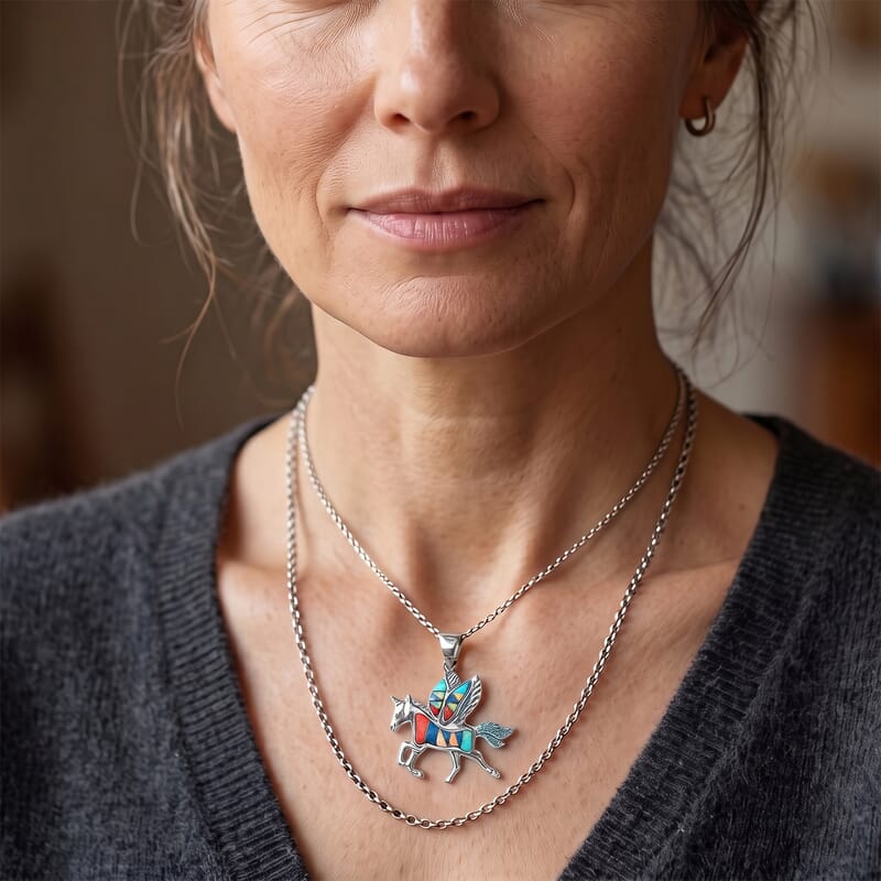 Santa Fe Style Multi Gemstone Pegasus 0.50 ctw Pendant Without Chain in Sterling Silver