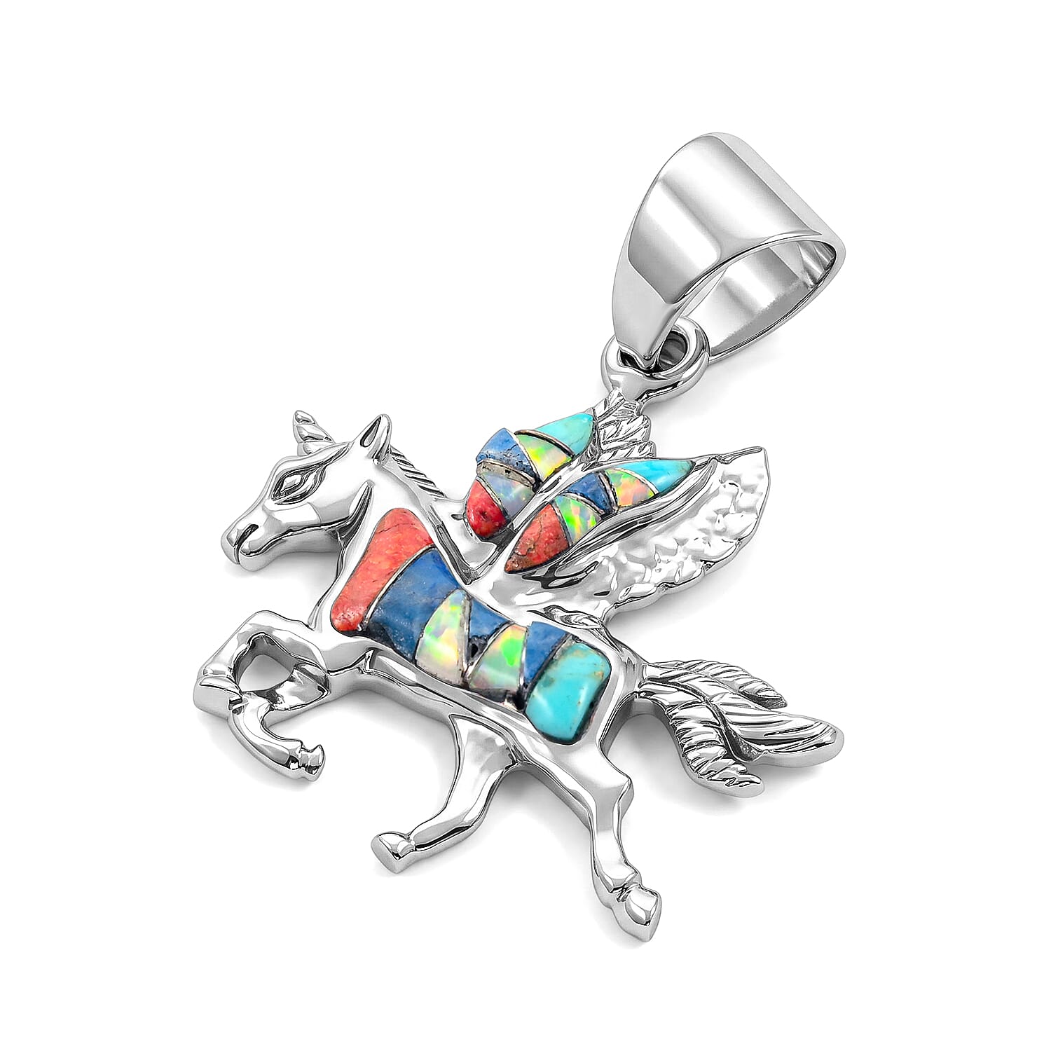Santa Fe Style Multi Gemstone Pegasus 0.50 ctw Pendant Without Chain in Sterling Silver