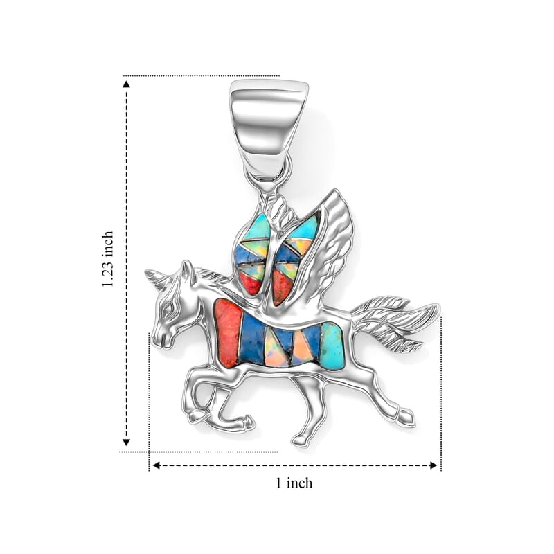 Santa Fe Style Multi Gemstone Pegasus 0.50 ctw Pendant Without Chain in Sterling Silver