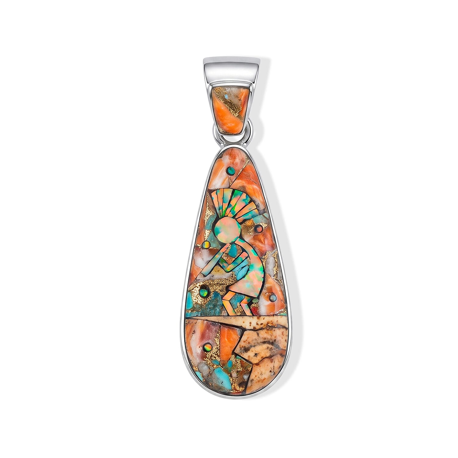 Santa Fe Style Spiny Turquoise and Multi Gemstone 2.00 ctw Kokopelli Pendant Without Chain in Sterling Silver