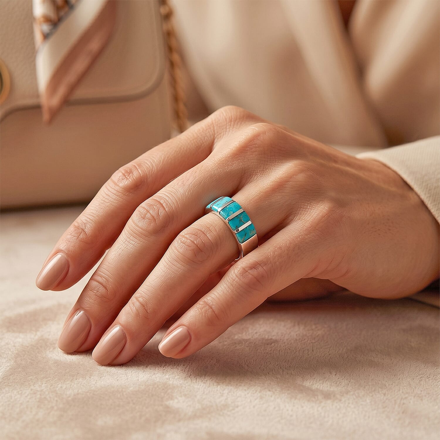 Santa Fe Style Kingman Turquoise 1.25 ctw Band Ring in Sterling Silver (Size 10.0)
