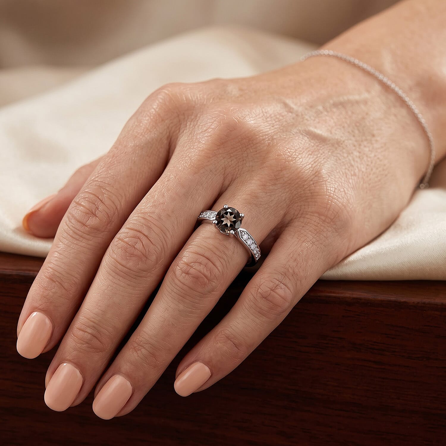 Brazilian Smoky Quartz and Simulated Diamond 0.46 ctw Ring in Sterling Silver (Size 8.0)