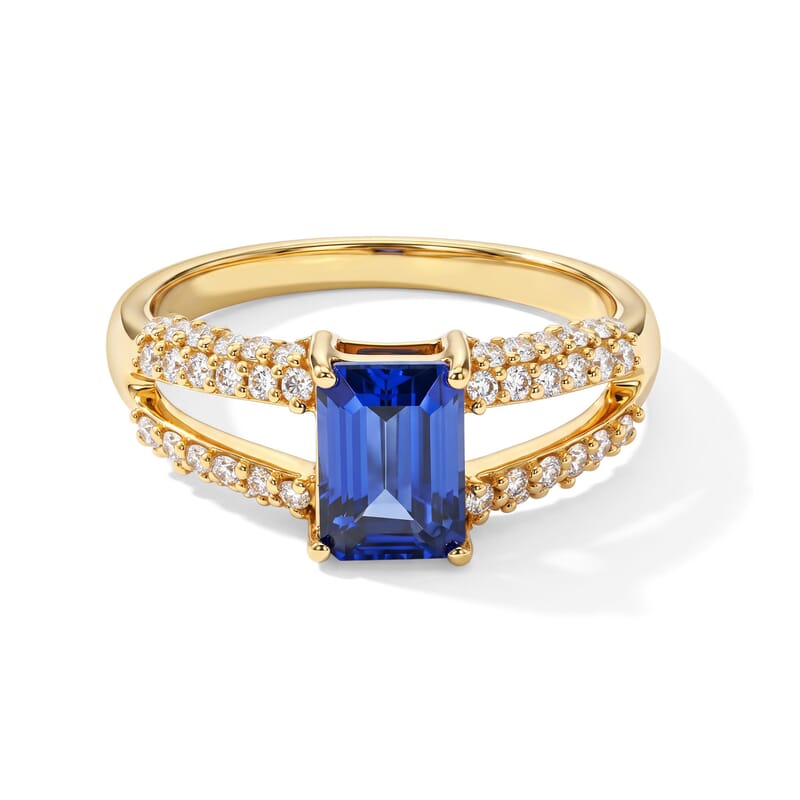 Simulated Blue and White Diamond Split Shank Ring in 14K YG Over Sterling Silver (Size 7.0)