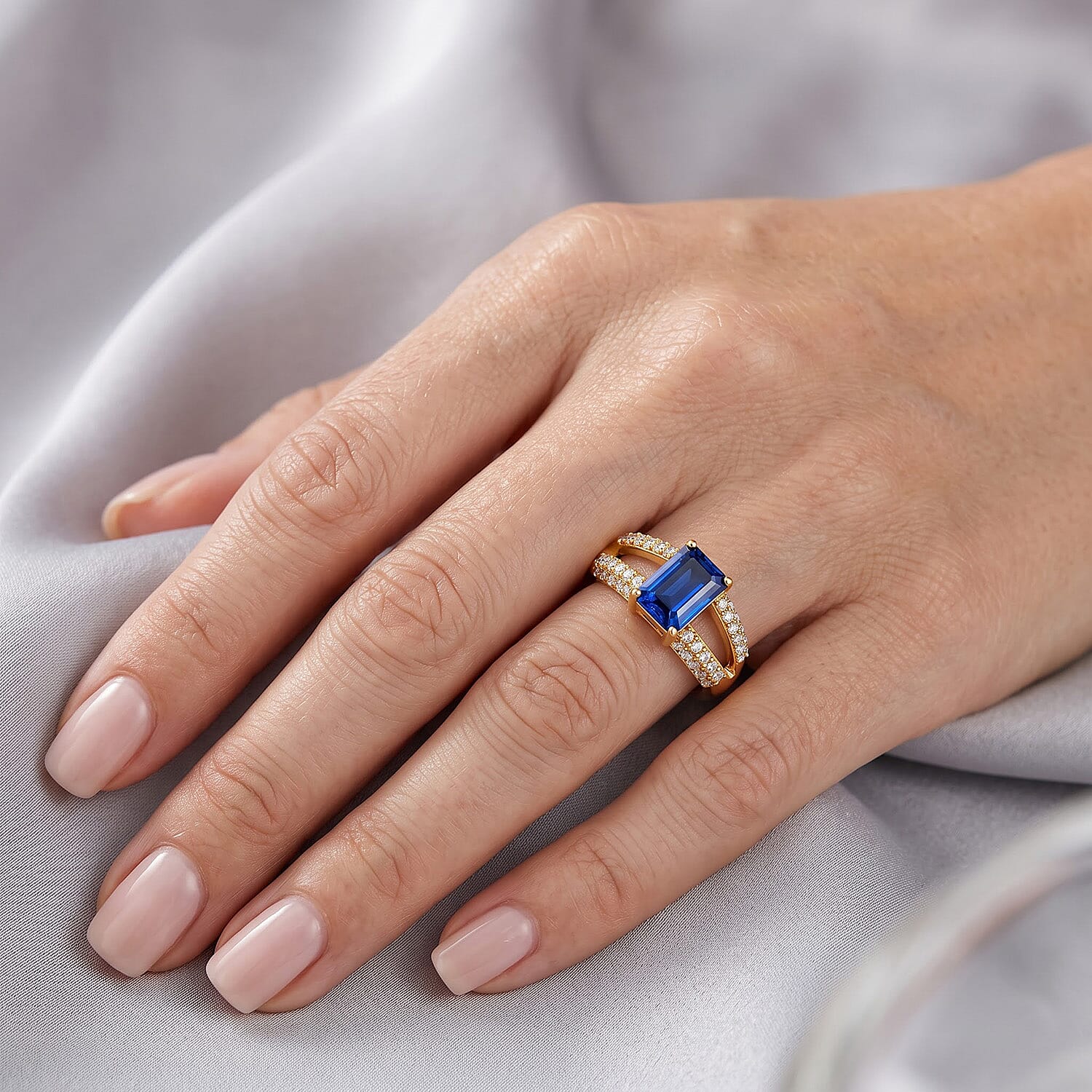 Simulated Blue and White Diamond Split Shank Ring in 14K YG Over Sterling Silver (Size 7.0)