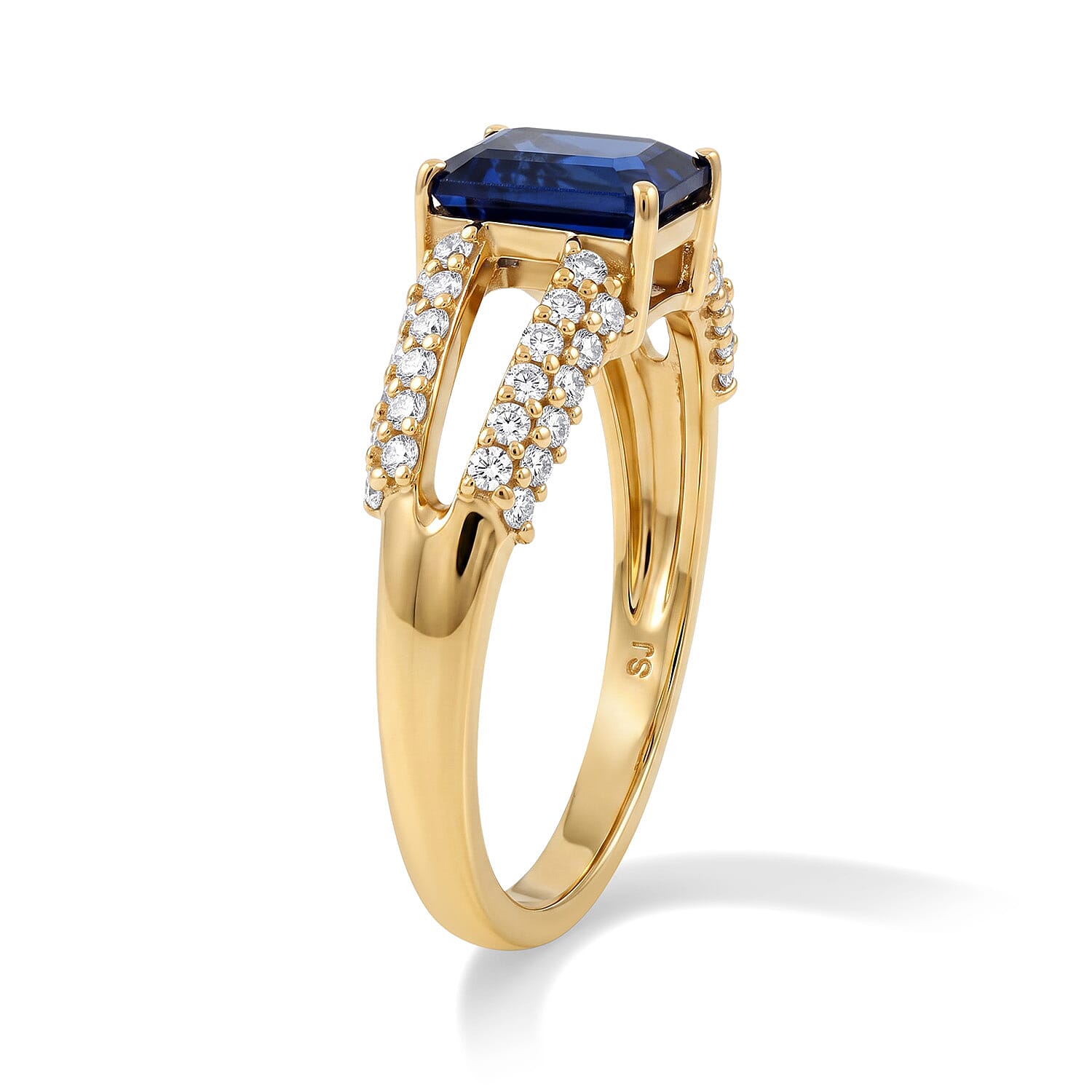 Simulated Blue and White Diamond Split Shank Ring in 14K YG Over Sterling Silver (Size 7.0)