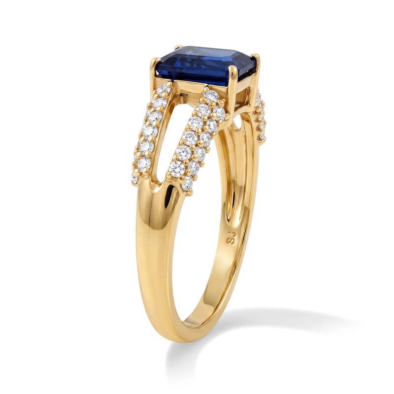 Simulated Blue and White Diamond Split Shank Ring in 14K YG Over Sterling Silver (Size 7.0)