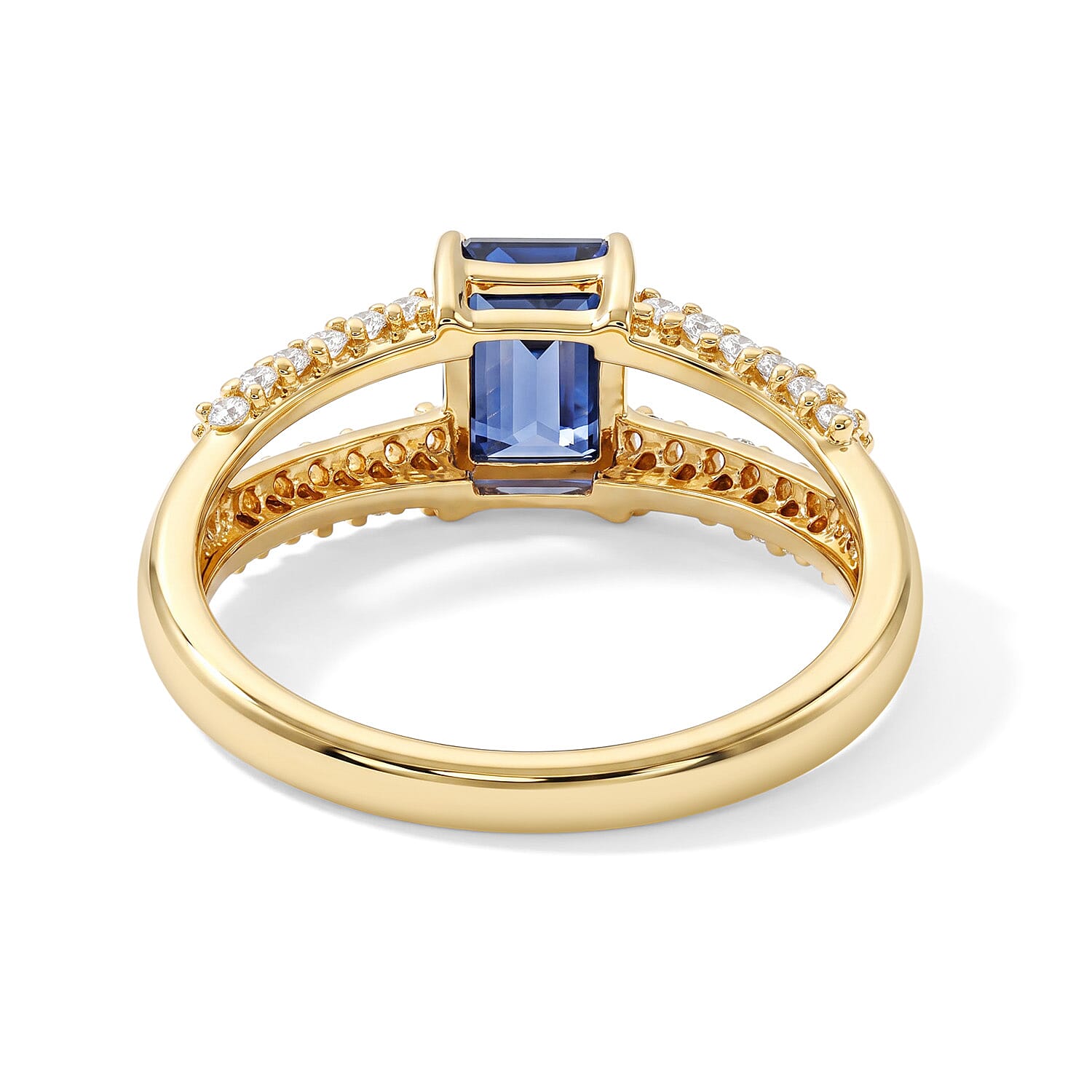 Simulated Blue and White Diamond Split Shank Ring in 14K YG Over Sterling Silver (Size 7.0)
