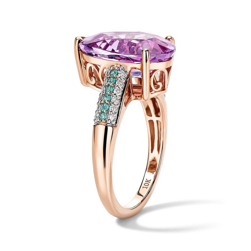 Luxoro AAA Patroke Kunzite, Paraiba Tourmaline and Diamond I2 6.50 ctw Azure Line Ring in 10K Rose Gold (Size 6.0)