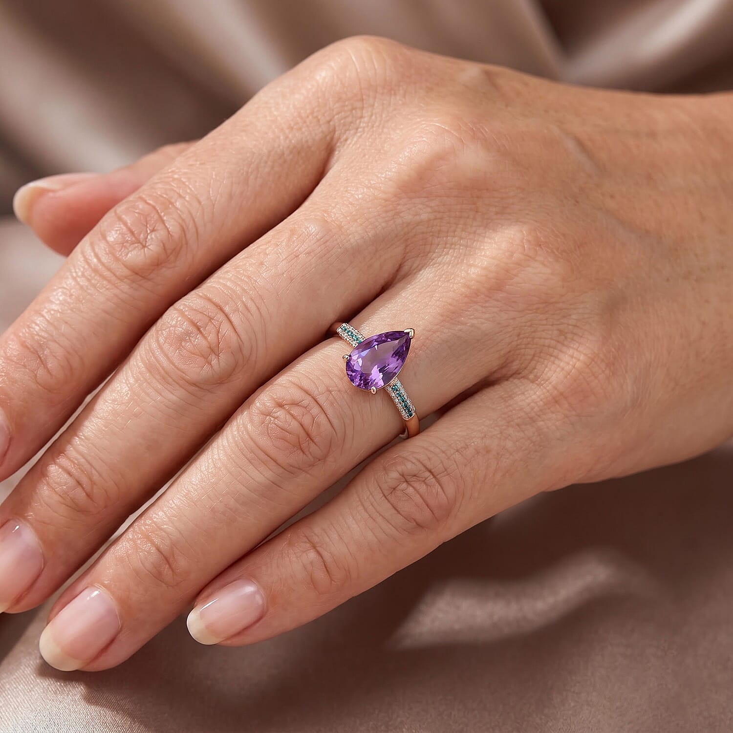 Luxoro AAA Patroke Kunzite, Paraiba Tourmaline and Diamond I2 6.50 ctw Azure Line Ring in 10K Rose Gold (Size 7.0)