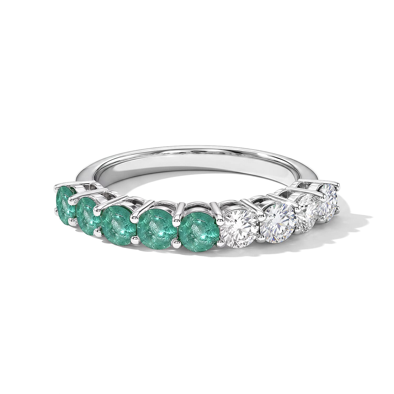 D''Joy Kagem Zambian Emerald and Moissanite 1.00 ctw Half Eternity Band Ring in Rhodium Over Sterling Silver (Size 7.0)