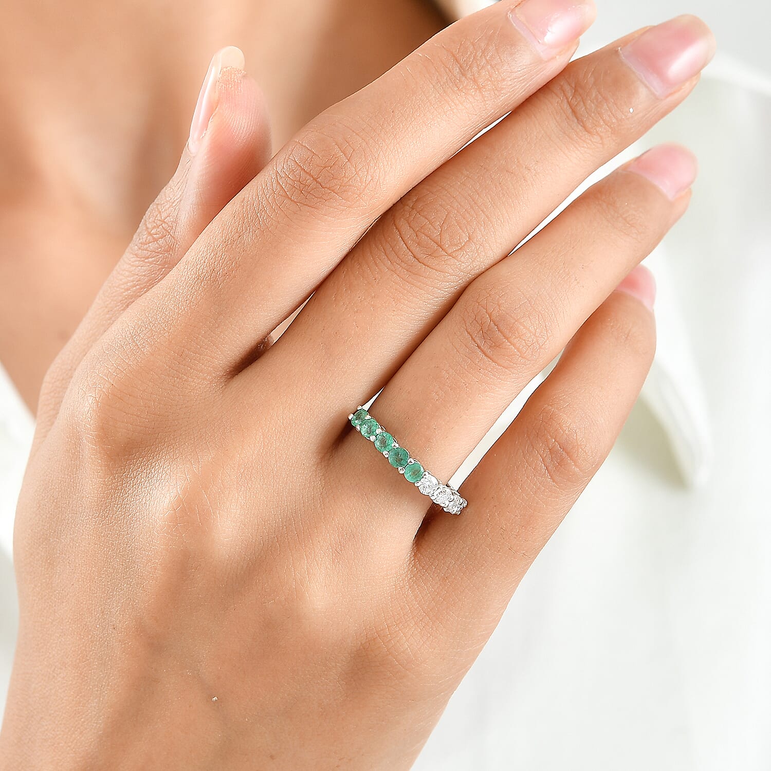 D'Joy Kagem Zambian Emerald and Moissanite 1.00 ctw Half Eternity Band Ring in Rhodium Over Sterling Silver (Size 5.0)