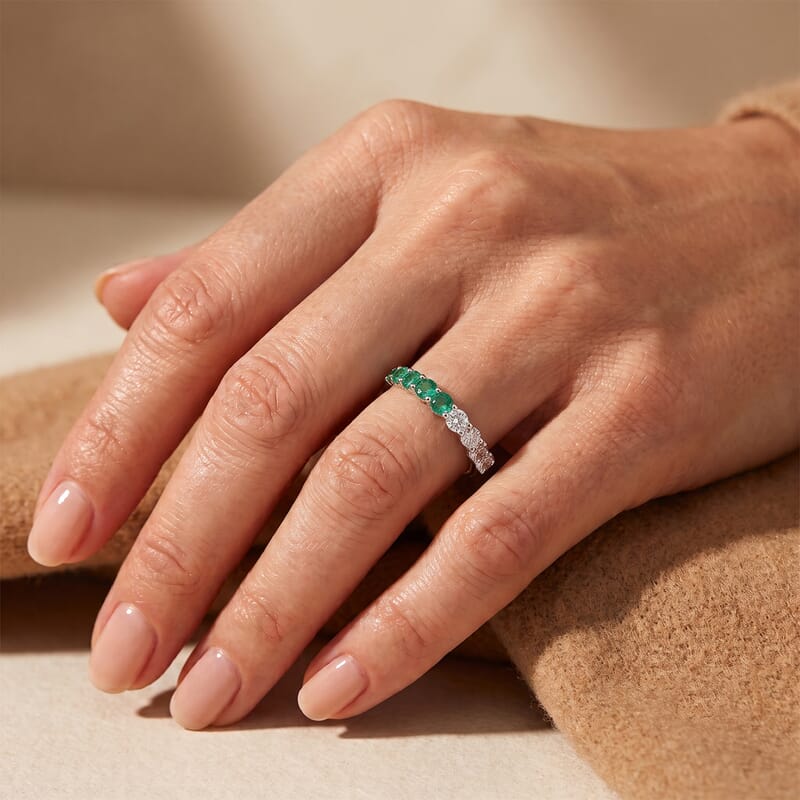 D'Joy Kagem Zambian Emerald and Moissanite 1.00 ctw Half Eternity Band Ring in Rhodium Over Sterling Silver (Size 5.0)