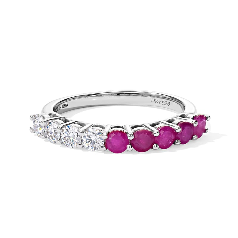 D'Joy Mozambique Ruby and Moissanite 1.20 ctw Half Eternity Band Ring in Rhodium Over Sterling Silver (Size 5.0)