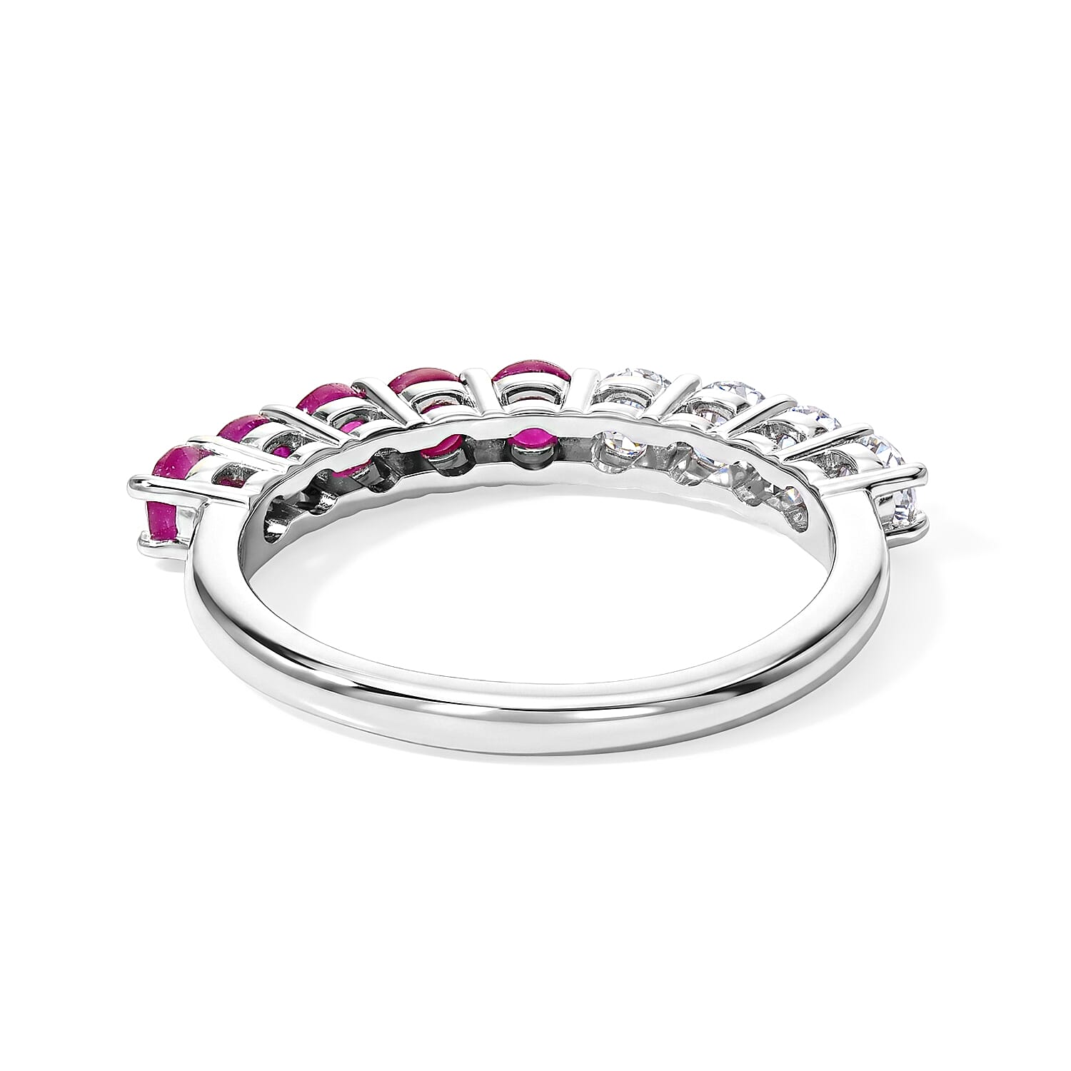 D'Joy Mozambique Ruby and Moissanite 1.20 ctw Half Eternity Band Ring in Rhodium Over Sterling Silver (Size 5.0)