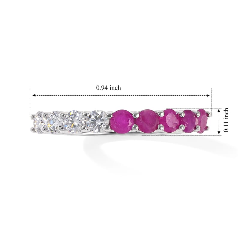 D'Joy Mozambique Ruby and Moissanite 1.20 ctw Half Eternity Band Ring in Rhodium Over Sterling Silver (Size 5.0)