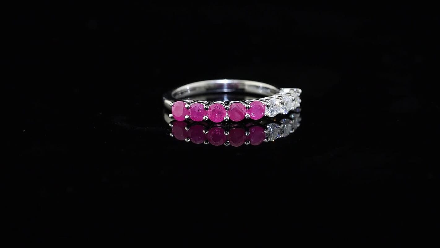 D'Joy Moissanite, Mozambique Ruby Half Eternity Band Ring in Rhodium Over Sterling Silver (Size 10.0) 1.20 ctw