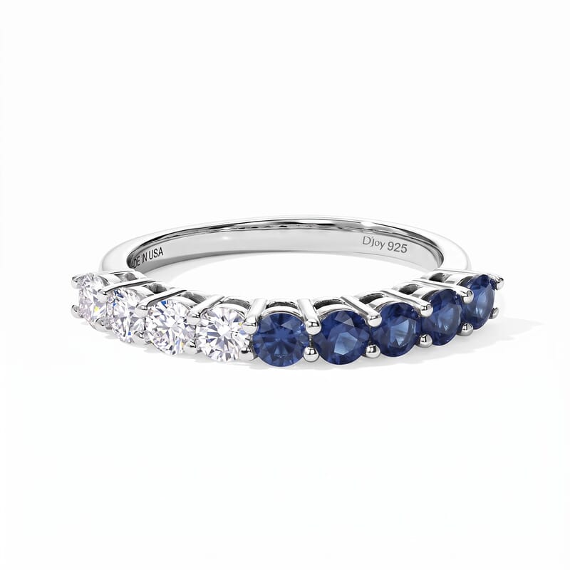 D'Joy Blue Sapphire and Moissanite 1.20 ctw Half Eternity Band Ring in Rhodium Over Sterling Silver (Size 5.0)