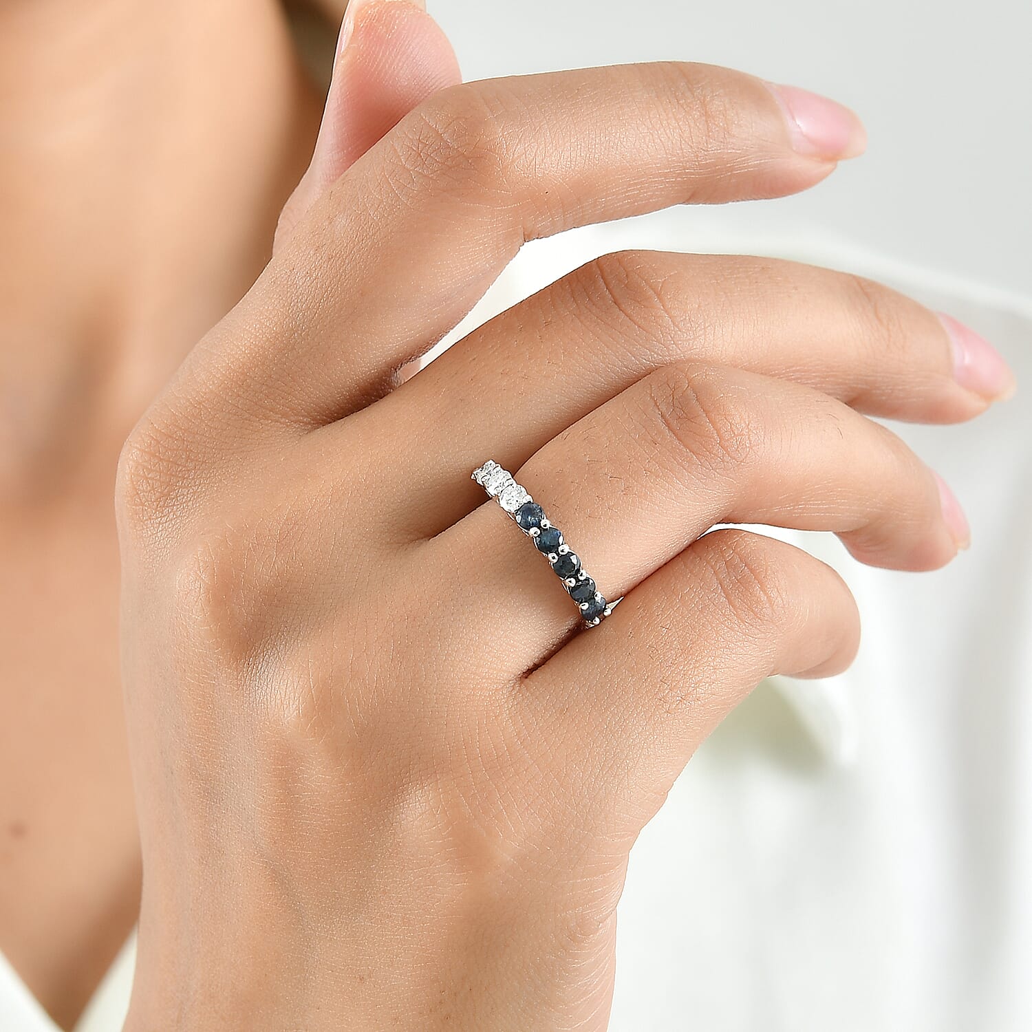 D'Joy Blue Sapphire and Moissanite 1.20 ctw Half Eternity Band Ring in Rhodium Over Sterling Silver (Size 5.0)