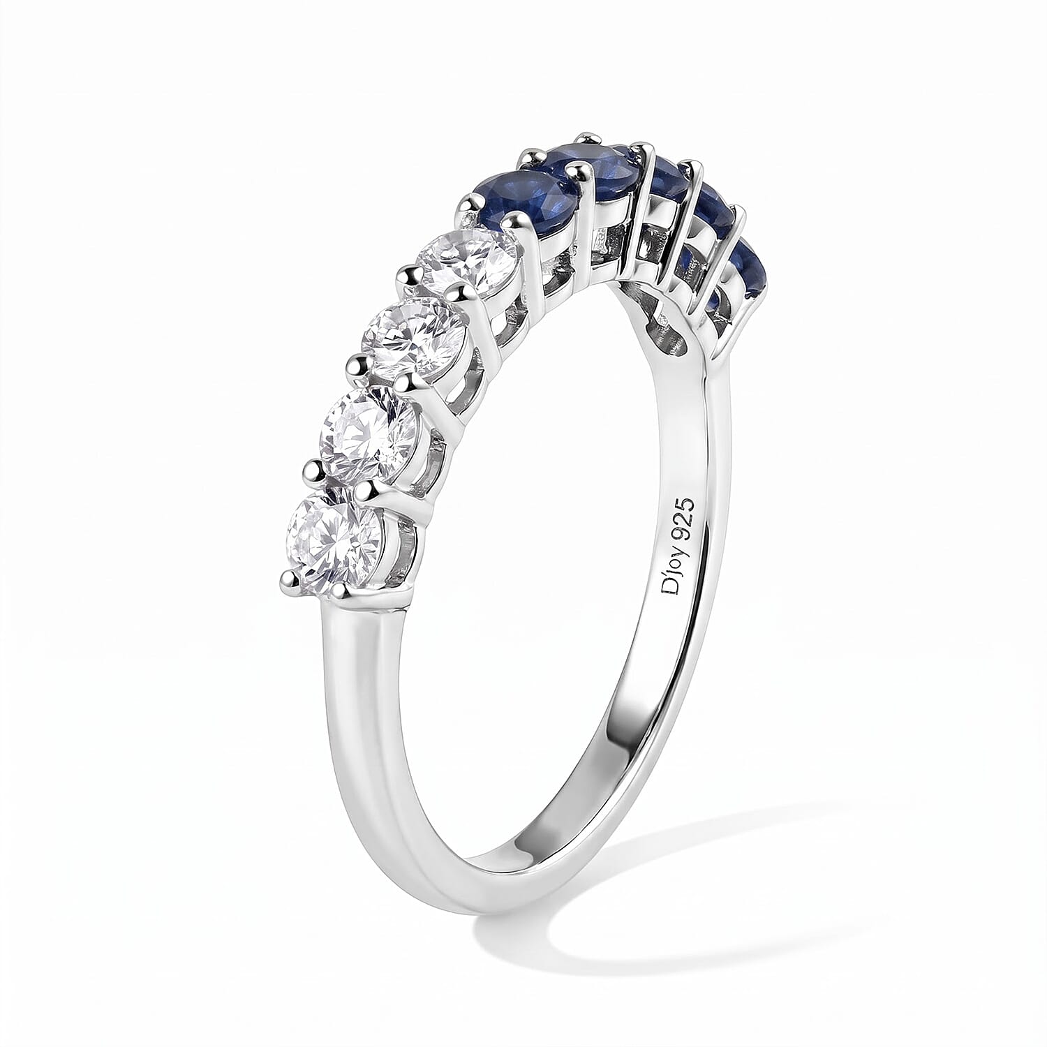 D'Joy Blue Sapphire and Moissanite 1.20 ctw Half Eternity Band Ring in Rhodium Over Sterling Silver (Size 5.0)