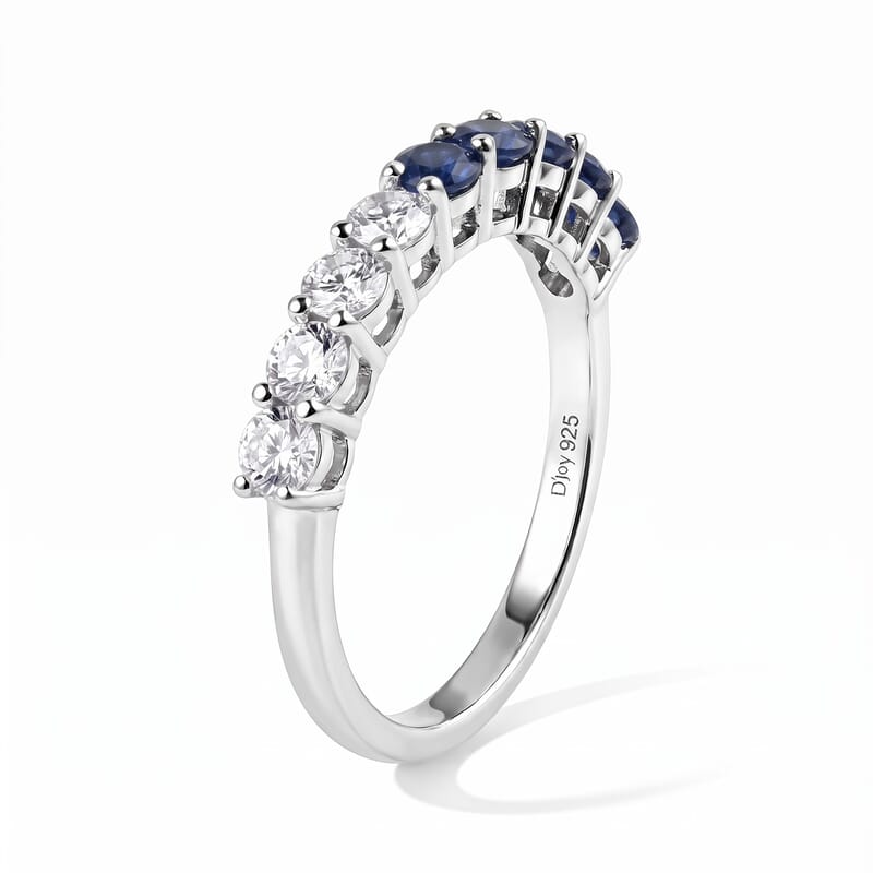 D'Joy Blue Sapphire and Moissanite 1.20 ctw Half Eternity Band Ring in Rhodium Over Sterling Silver (Size 5.0)