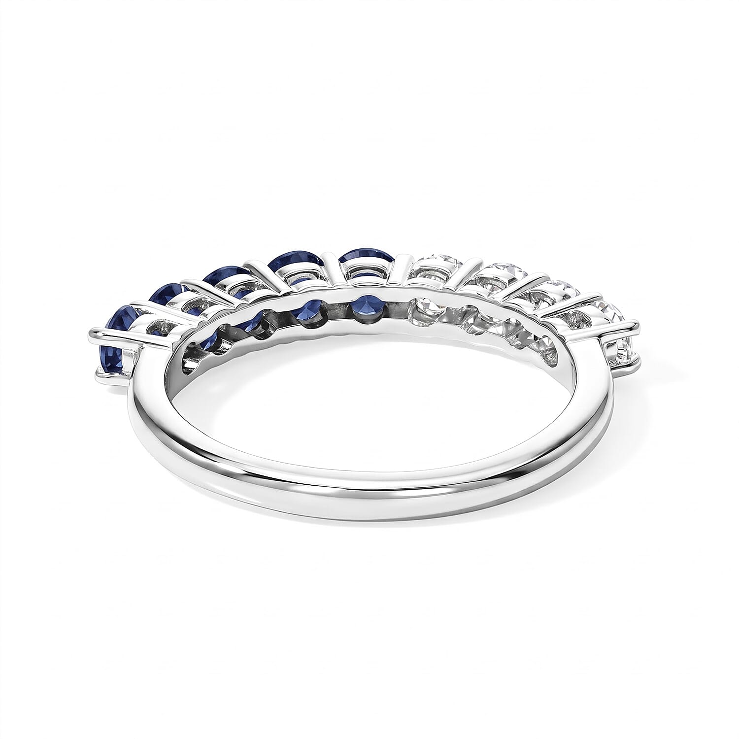D'Joy Blue Sapphire and Moissanite 1.20 ctw Half Eternity Band Ring in Rhodium Over Sterling Silver (Size 5.0)