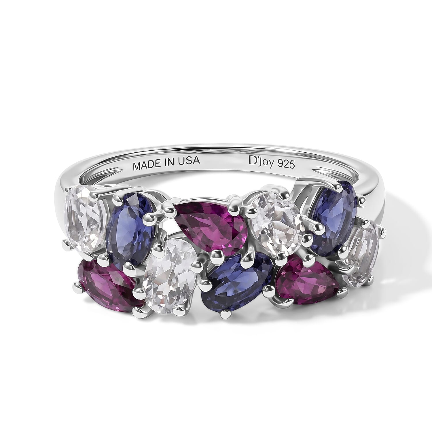 D'Joy Multi Gemstone 2.35 ctw Tricolor Ring in Rhodium Over Sterling Silver (Size 5.0)