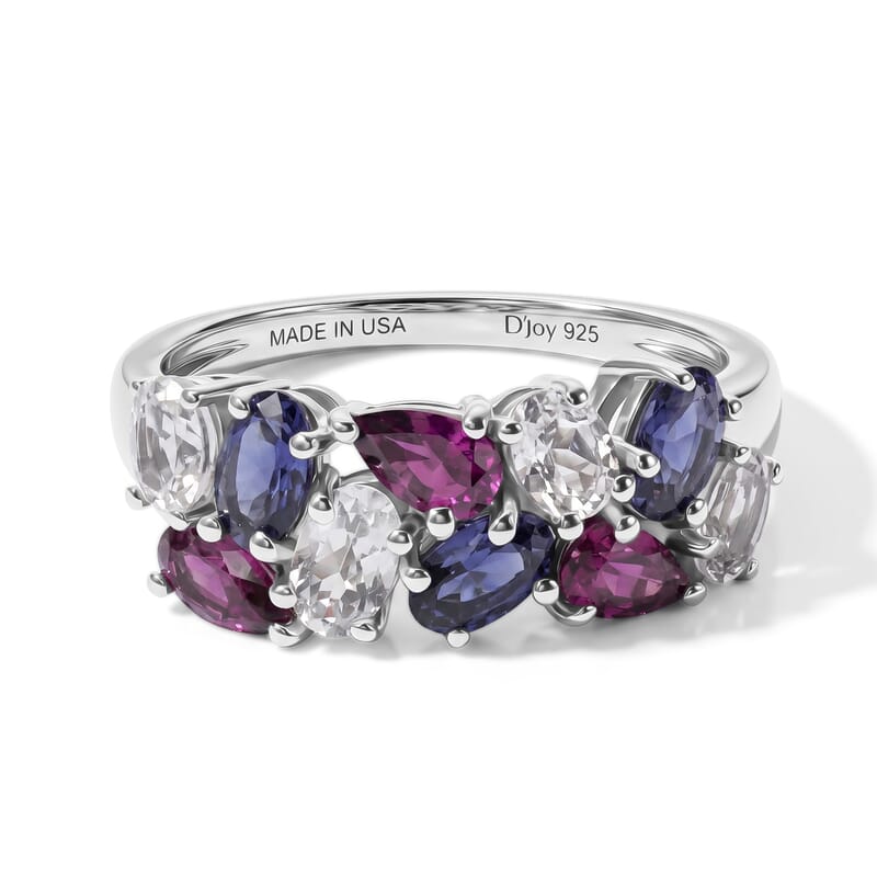 D'Joy Multi Gemstone 2.35 ctw Tricolor Ring in Rhodium Over Sterling Silver (Size 5.0)
