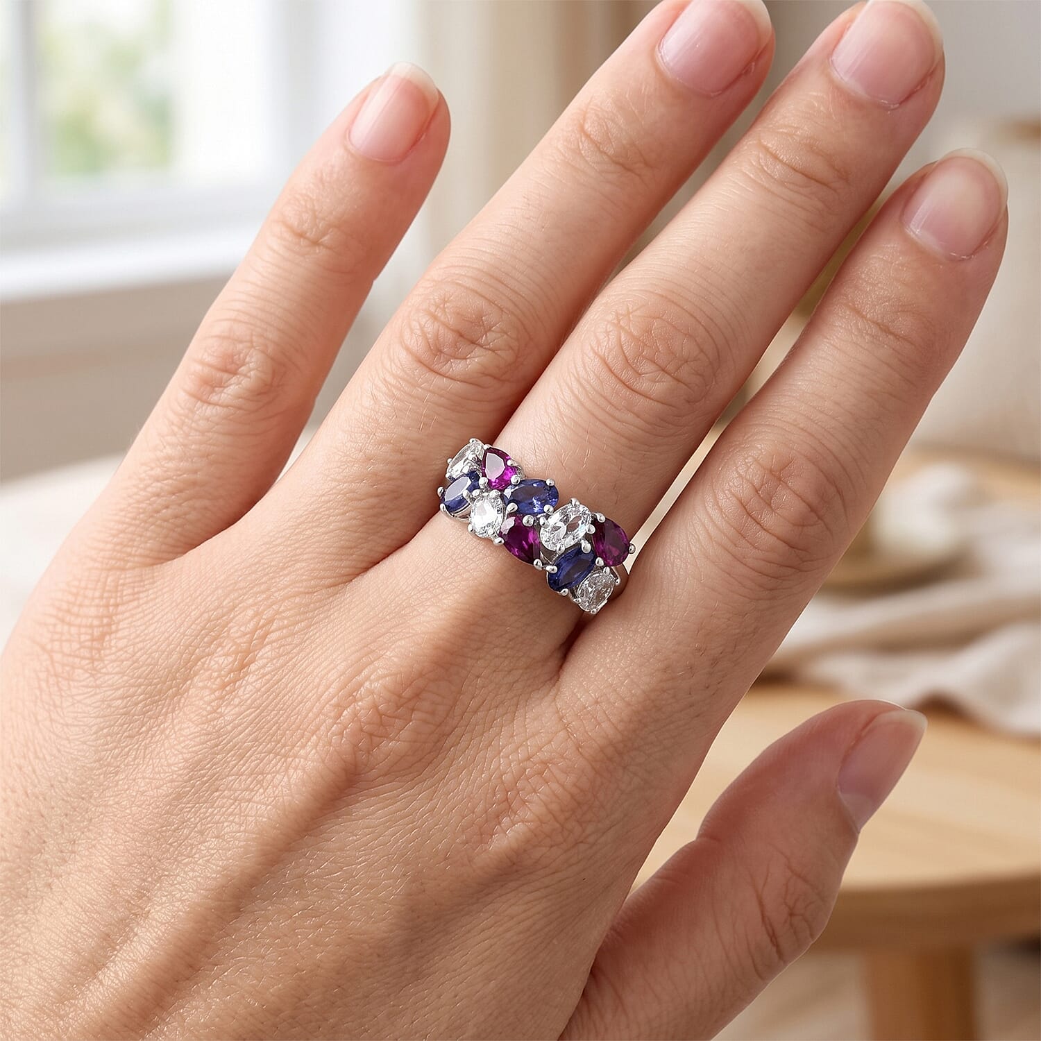 D'Joy Multi Gemstone 2.35 ctw Tricolor Ring in Rhodium Over Sterling Silver (Size 5.0)