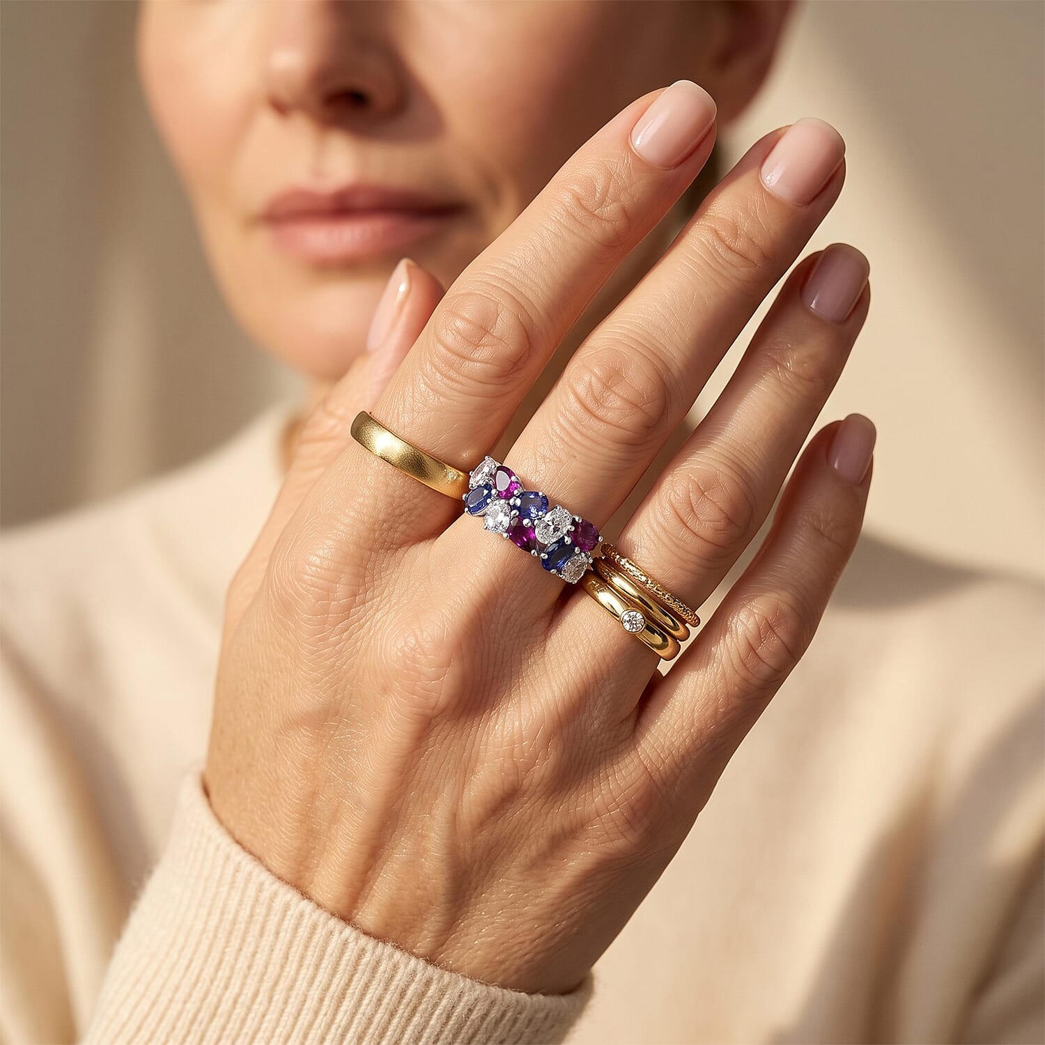 D'Joy Multi Gemstone 2.35 ctw Tricolor Ring in Rhodium Over Sterling Silver (Size 5.0)