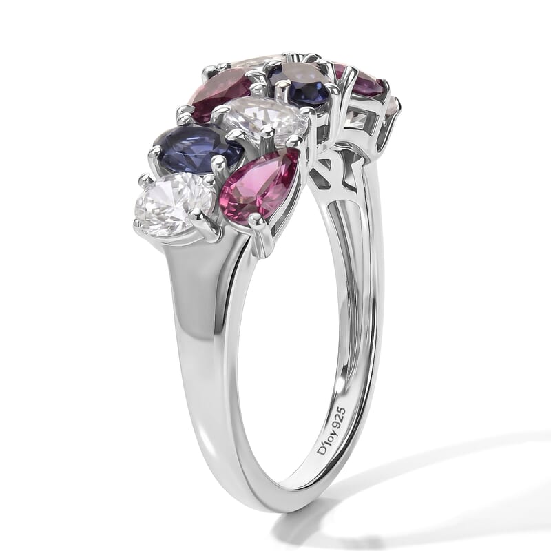 D'Joy Multi Gemstone 2.35 ctw Tricolor Ring in Rhodium Over Sterling Silver (Size 5.0)