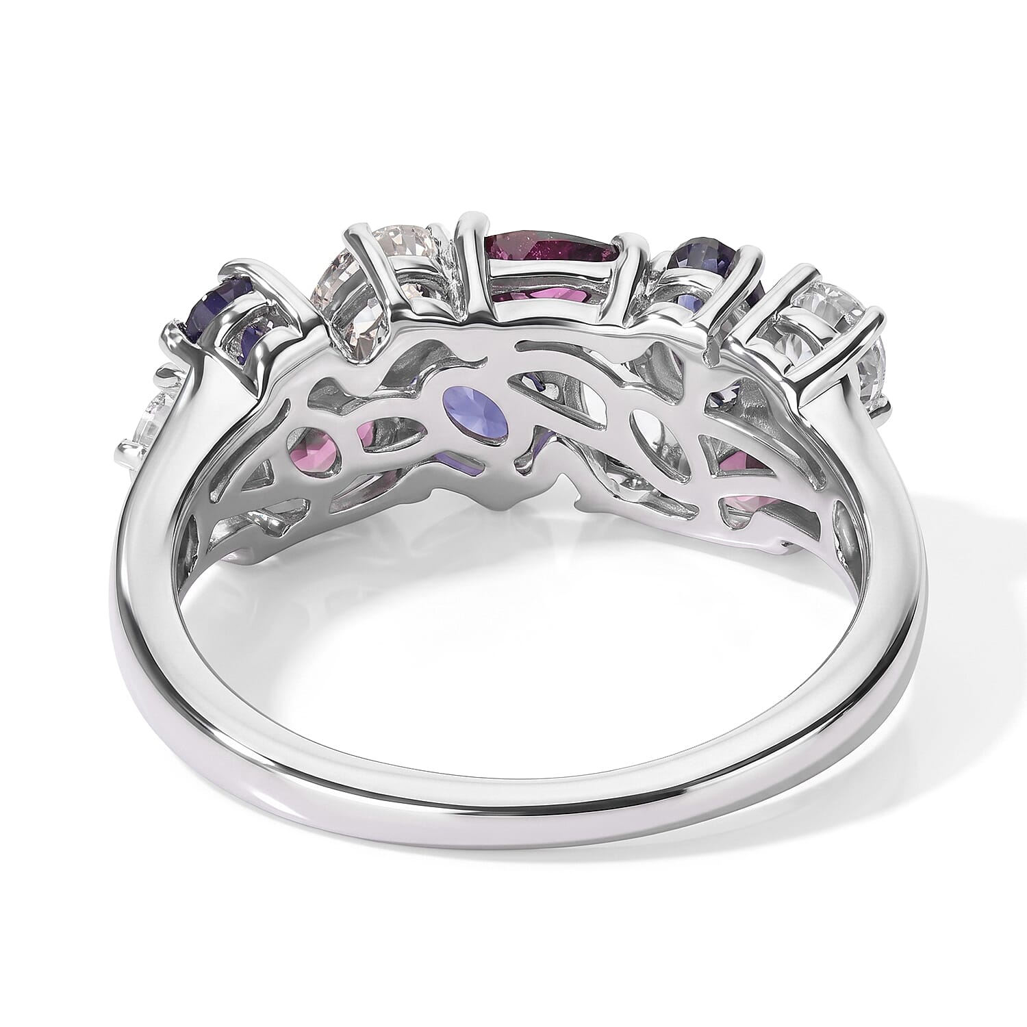 D'Joy Multi Gemstone 2.35 ctw Tricolor Ring in Rhodium Over Sterling Silver (Size 5.0)