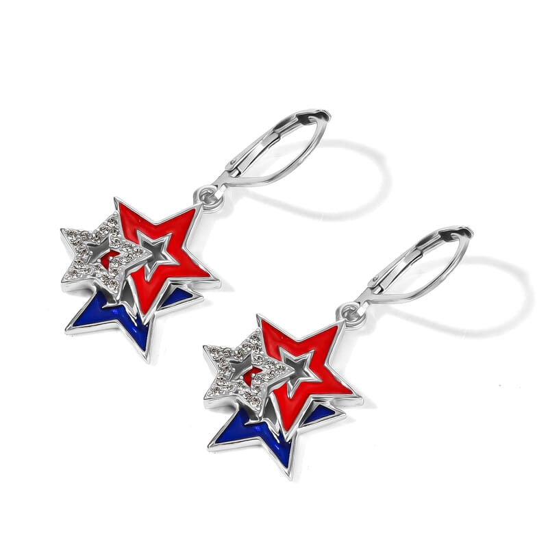 EverTrue White Zircon and Enameled 0.30 ctw Three Star Earrings in Platinum Bond