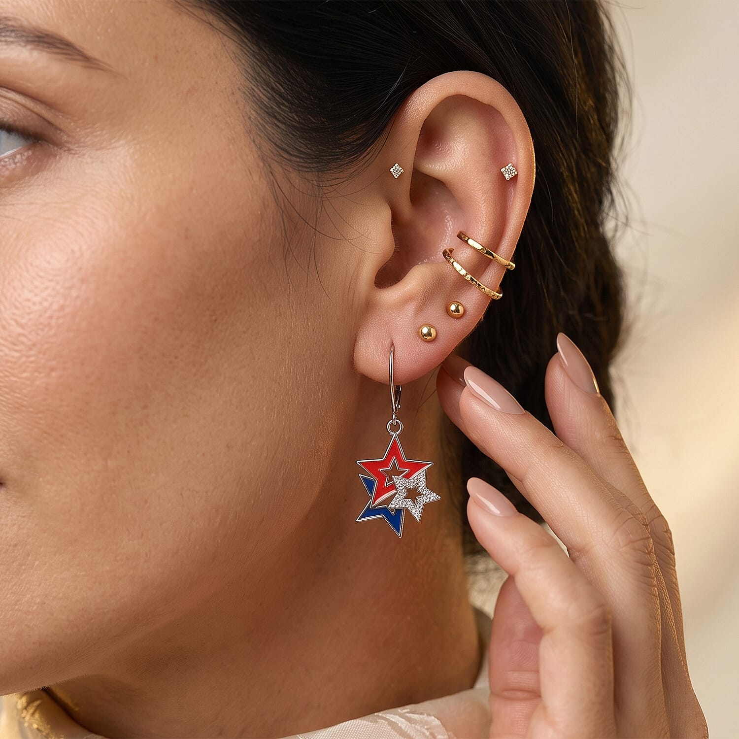EverTrue White Zircon and Enameled 0.30 ctw Three Star Earrings in Platinum Bond