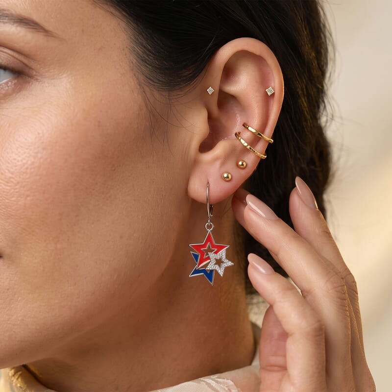EverTrue White Zircon and Enameled 0.30 ctw Three Star Earrings in Platinum Bond