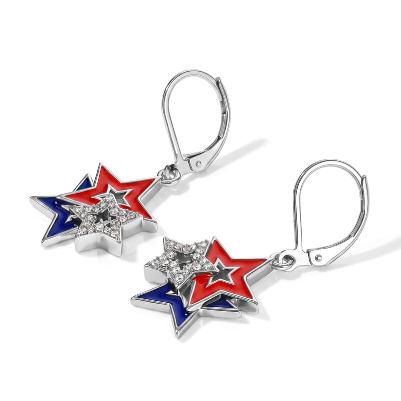 EverTrue White Zircon and Enameled 0.30 ctw Three Star Earrings in Platinum Bond