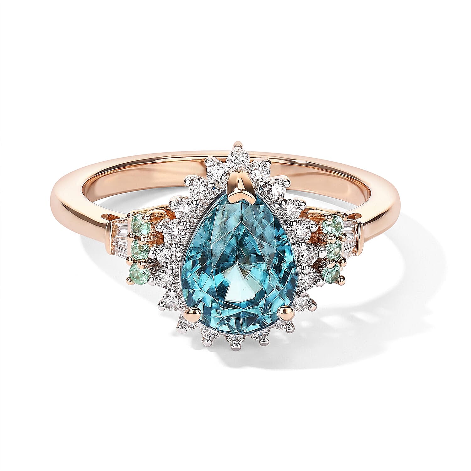 Luxoro AAA Cambodian Blue Zircon, Paraiba Tourmaline and Diamond I2 3.40 ctw Whisper of Blue Ring in 10K Rose Gold (Size 6.0)