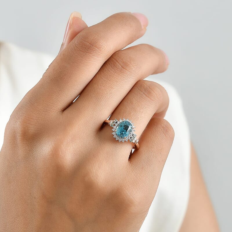 Luxoro AAA Cambodian Blue Zircon, Paraiba Tourmaline and Diamond I2 3.75 ctw Whisper of Blue Ring in 10K Rose Gold (Size 6.0)